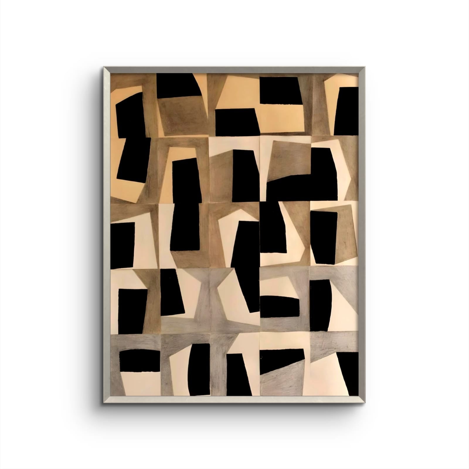 Abstract art print with geometric shapes in black, beige, and brown on a white background