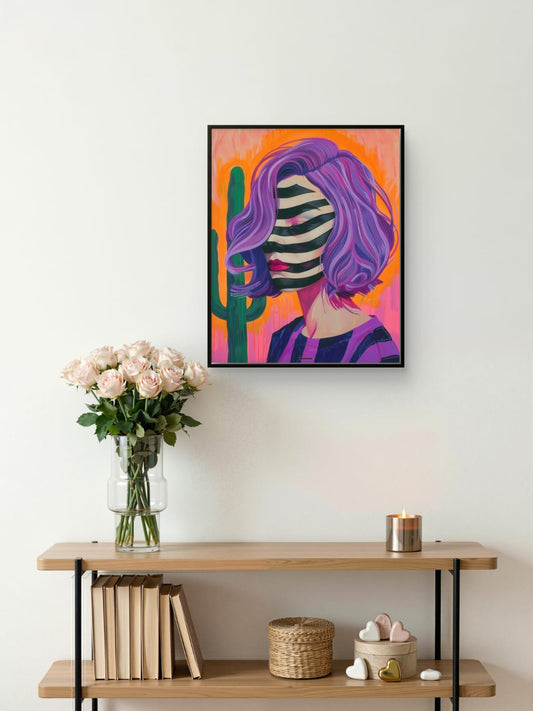 Colorful abstract art print of a person with purple hair on a wall above a wooden console table with decor items.