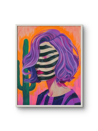 Framed artwork of a person with purple hair and striped face against an orange background