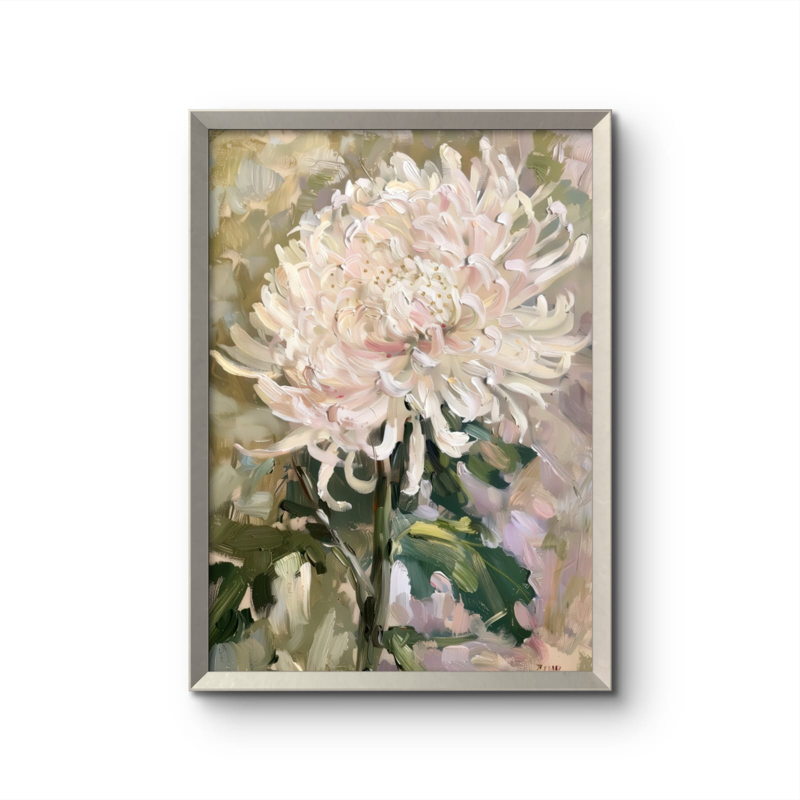 Framed painting of a large white flower with green leaves on a white background