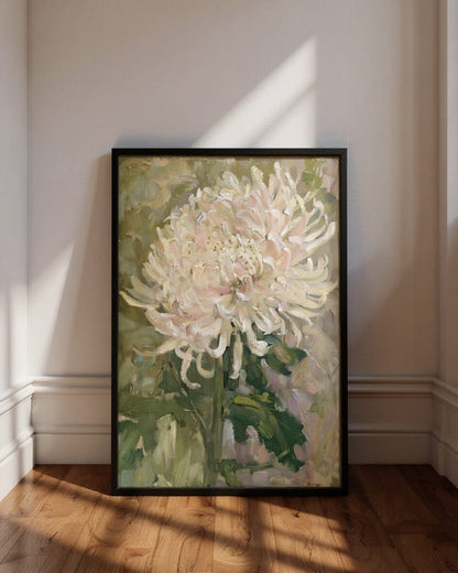 Framed painting of a white flower on a wall with sunlight casting shadows.