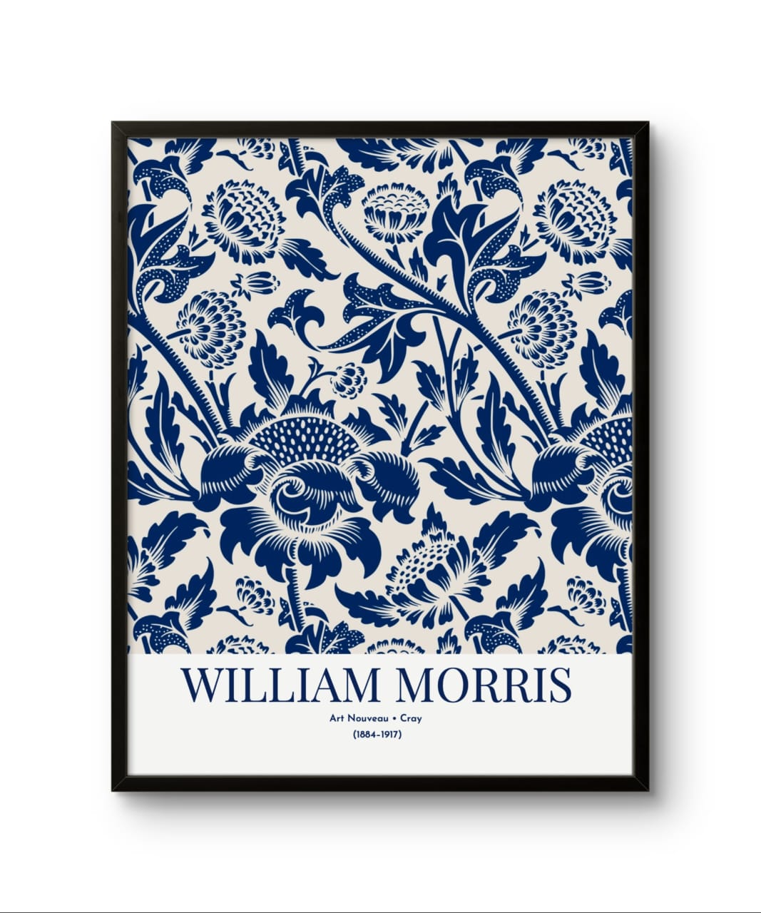 Framed artwork with blue floral pattern and 'William Morris' text on a white background