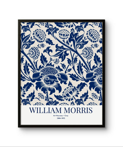 Framed artwork with blue floral pattern and 'William Morris' text on a white background