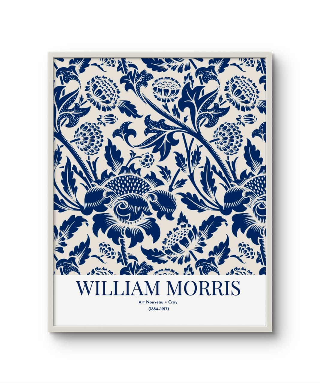 Framed artwork with blue floral pattern and 'William Morris' text on a white background