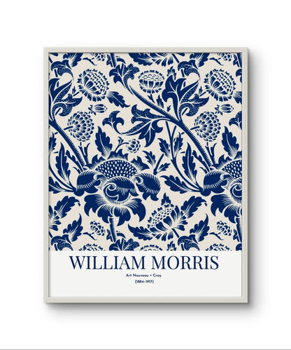 Framed artwork with blue floral pattern and 'William Morris' text on a white background