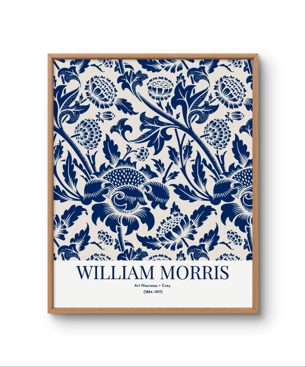 Framed artwork with blue floral pattern and 'William Morris' text on a white background