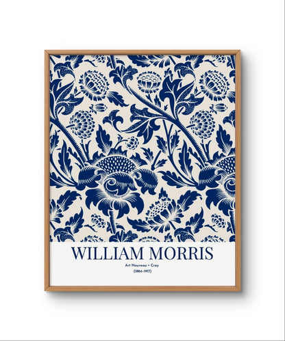Framed artwork with blue floral pattern and 'William Morris' text on a white background