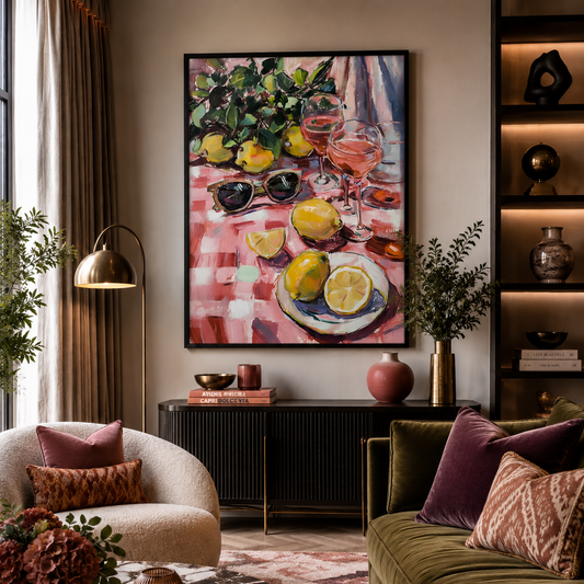 A framed vertical painting of a still life with lemons, glasses, and a pink-and-white checkered tablecloth, displayed on a wall in a styled living room with a sofa, armchair, rug, and shelving.