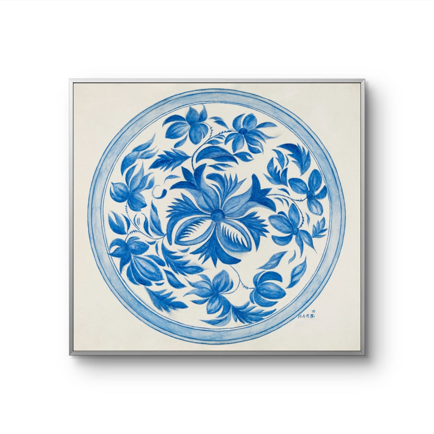 Framed artwork with blue floral design on a beige background