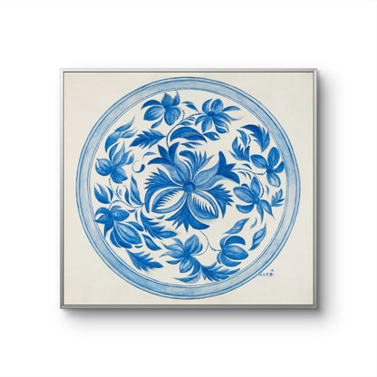 Framed artwork with blue floral design on a beige background