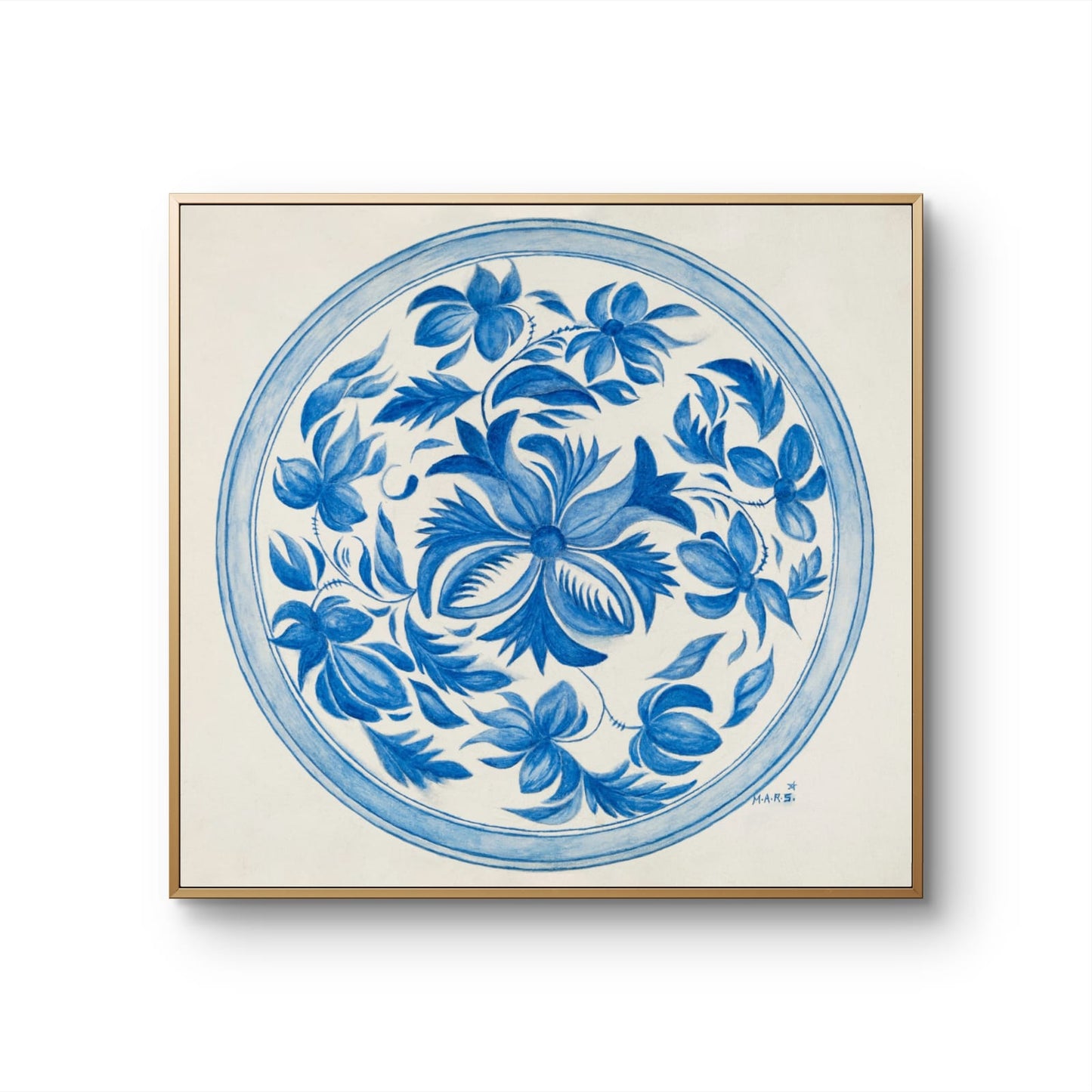 Framed artwork with blue floral design on a white background
