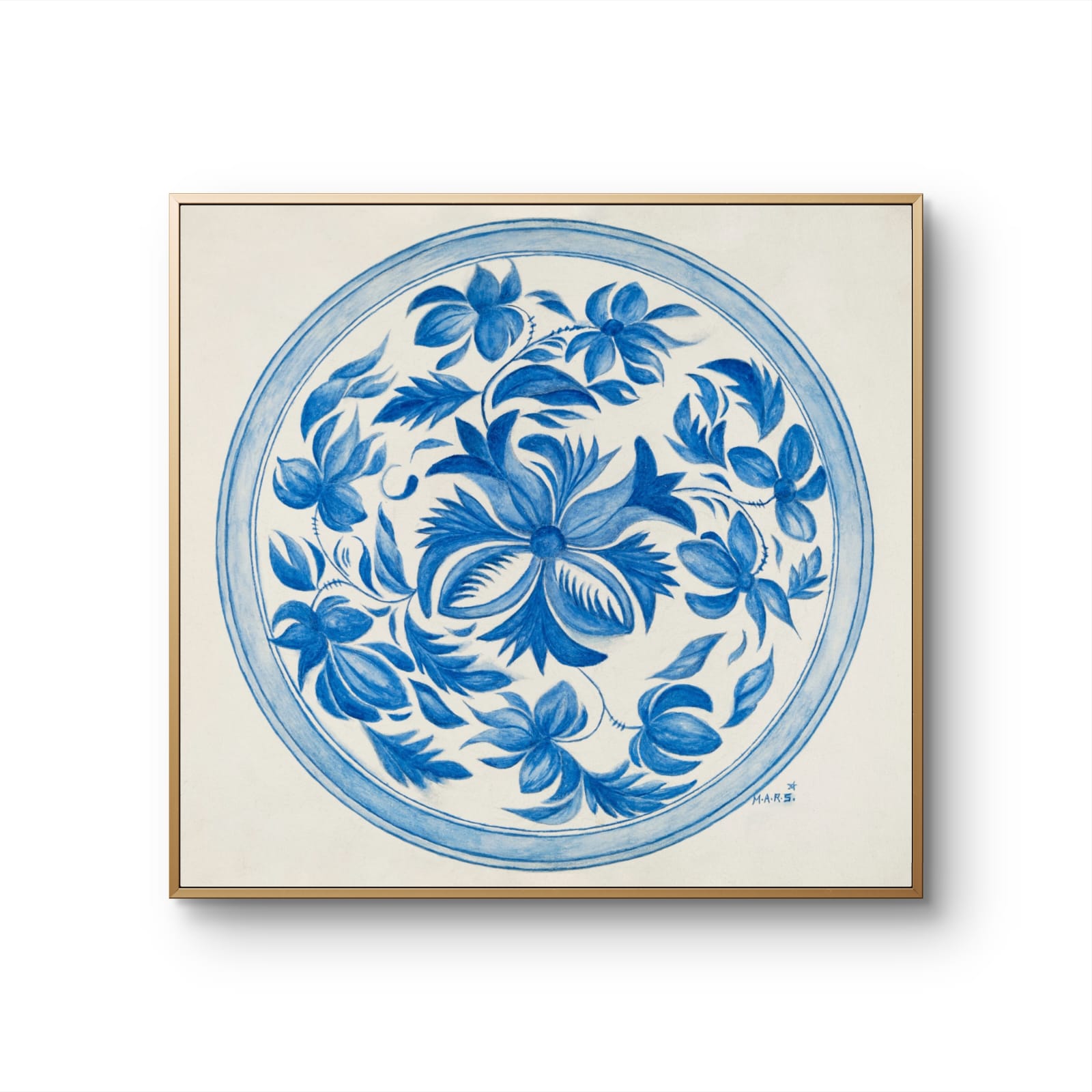 Framed artwork with blue floral design on a white background