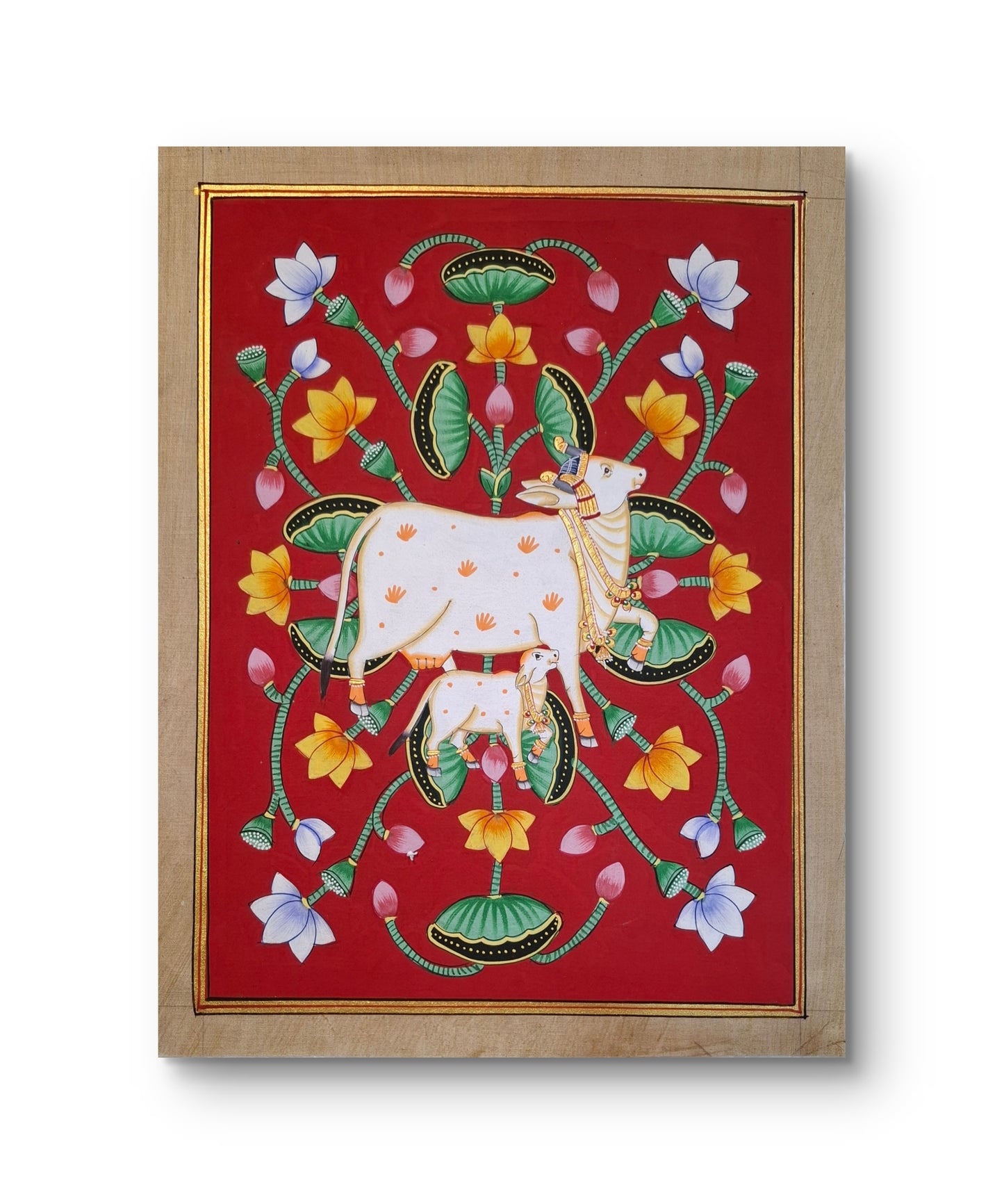 32 x 24 cms Hand-painted Pichwai Cow with Lotuses