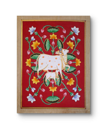 32 x 24 cms Hand-painted Pichwai Cow with Lotuses