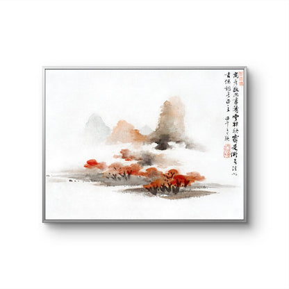 Framed Chinese landscape painting with mountains and red flowers on a white background