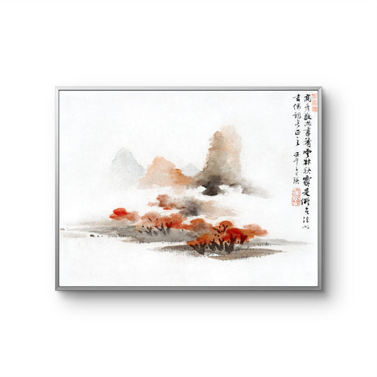 Framed Chinese landscape painting with mountains and red flowers on a white background