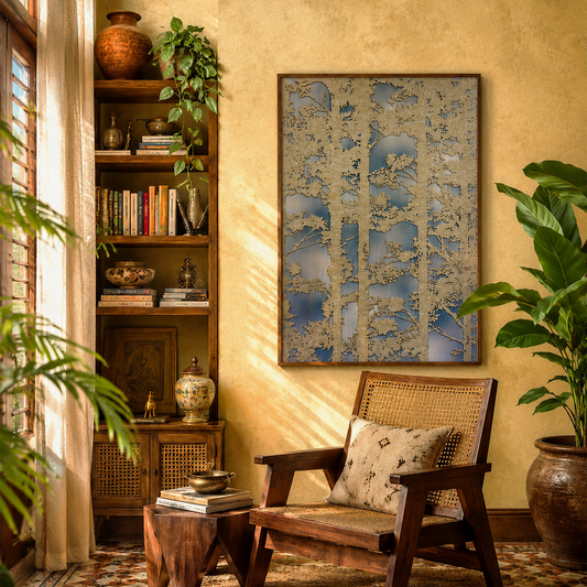 A framed vertical art print featuring a blue and beige tree design hangs on a textured beige wall in a warm, sunlit room. The room includes a wooden armchair with a woven cushion, a small wooden side table, a bookshelf, and potted plants.