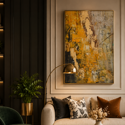 A large framed abstract painting with gold, yellow, brown, and gray tones hangs on a beige wall above a cream sofa with decorative pillows in a styled living room.