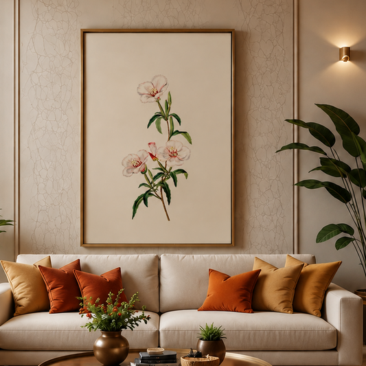 A styled living room featuring a large framed botanical art print of pink flowers with green leaves on a beige background, hung on a textured beige wall above a cream sofa with orange and mustard pillows.