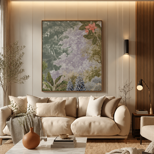 A large framed floral art print hangs on a beige paneled wall above a cream-colored sofa in a modern, warm-toned living room. The painting features soft purple, green, and pink botanical elements.