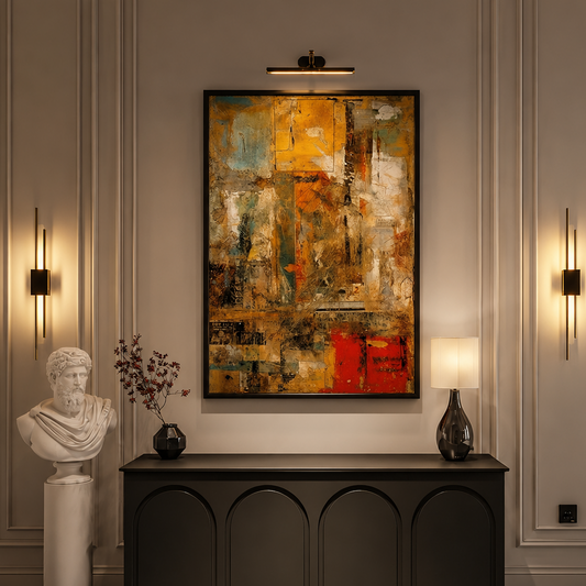 An abstract framed painting with warm yellow, orange, brown, and red tones hangs on a beige paneled wall above a dark console table in an elegant interior setting.