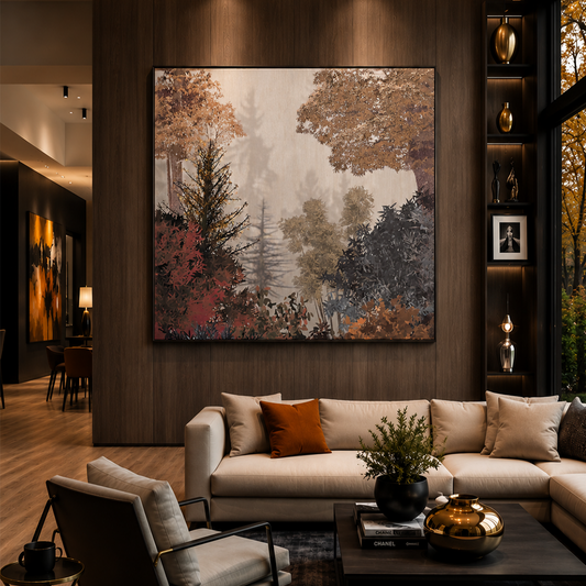 A large framed landscape painting of an autumn forest with misty trees and warm foliage hangs on a dark wood-paneled wall above a modern beige sectional sofa in a styled living room.