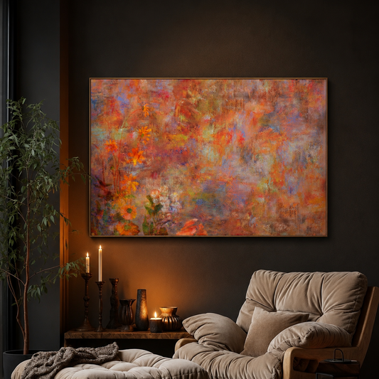 A large framed abstract canvas painting with vibrant orange, red, pink, and purple brushstrokes hangs on a dark wall above a cozy beige armchair and matching ottoman in a warmly lit living room.