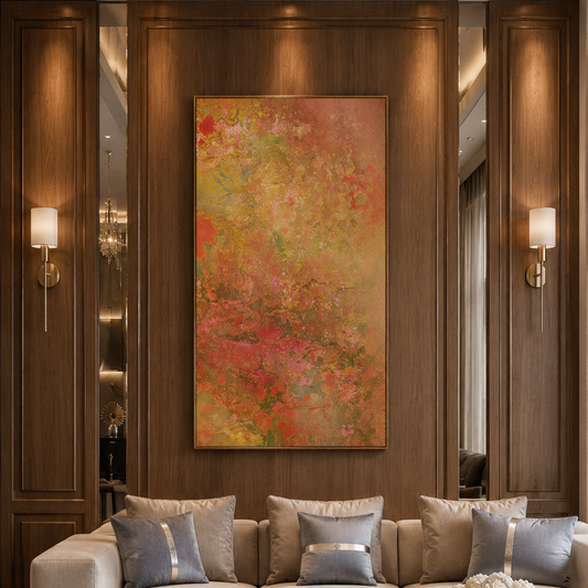 A large vertical abstract painting with warm tones of yellow, orange, red, and green, displayed on a dark wood-paneled wall above a beige sofa in a modern living room setting.
