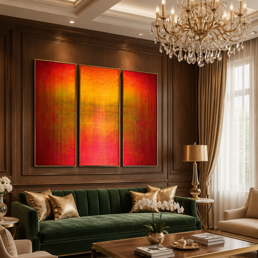 A luxury living room featuring a three-panel abstract wall art set with vibrant red, orange, and yellow gradients, hung above a dark green velvet sofa with gold pillows.