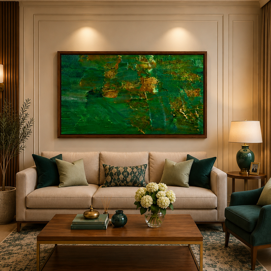 A styled living room featuring a large framed abstract painting with rich green and gold tones hanging above a beige sofa. The room is decorated with a wooden coffee table, a patterned area rug, a dark green armchair, and warm ambient lighting.