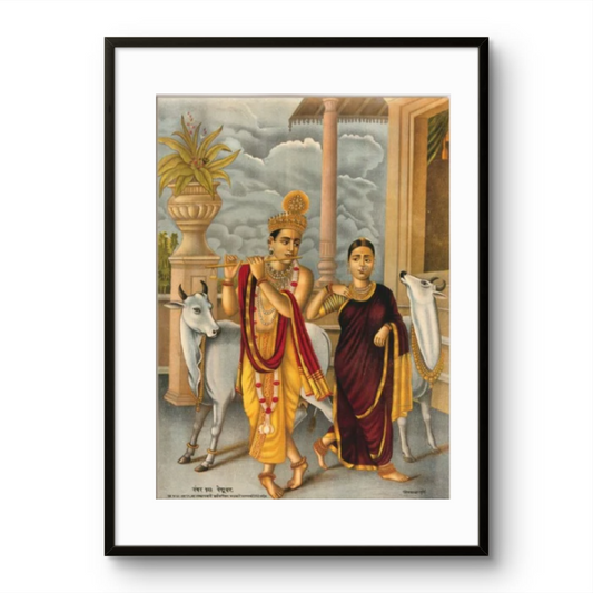 Krishna playing flute to dancing Radha